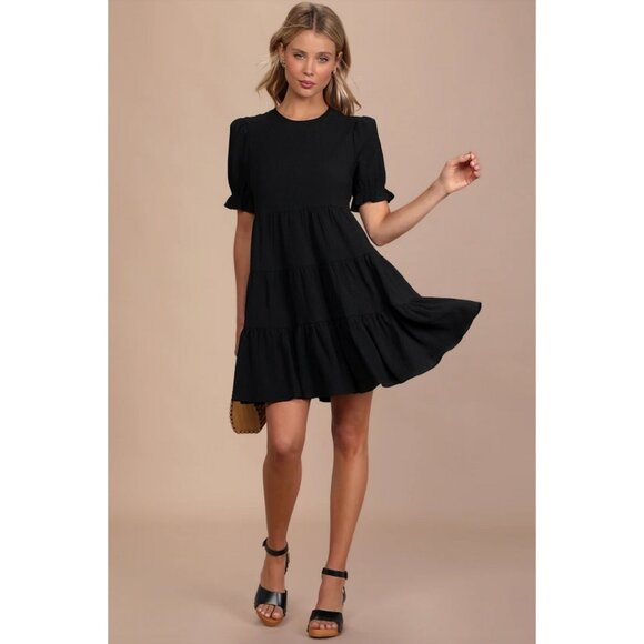 Lulus Dresses & Skirts - Lulu's Black Puff Sleeve Tiered Mini Dress